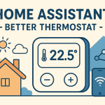Minimalistische Illustration mit einem Smart Home, einem digitalen Thermostat, Smartphone und dem Home Assistant-Symbol. Text: „Home Assistant – Better Thermostat“.