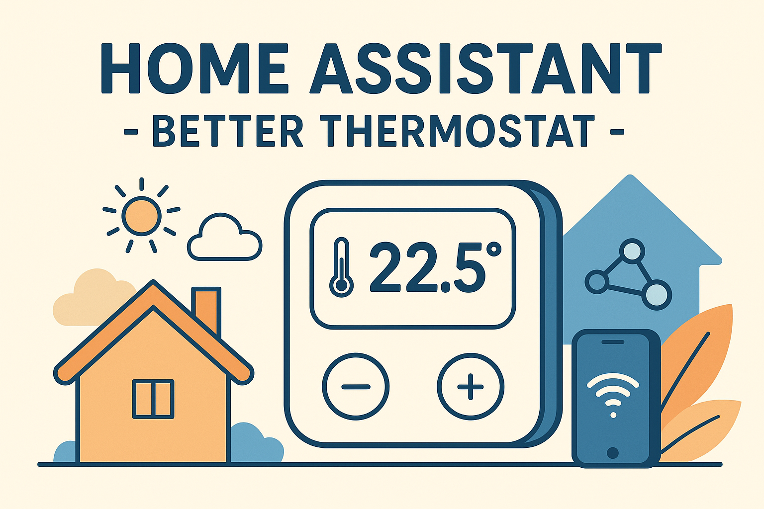 Minimalistische Illustration mit einem Smart Home, einem digitalen Thermostat, Smartphone und dem Home Assistant-Symbol. Text: „Home Assistant – Better Thermostat“.