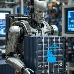 Ein Roboter, der einen Container trägt