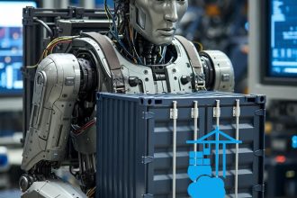 Ein Roboter, der einen Container trägt