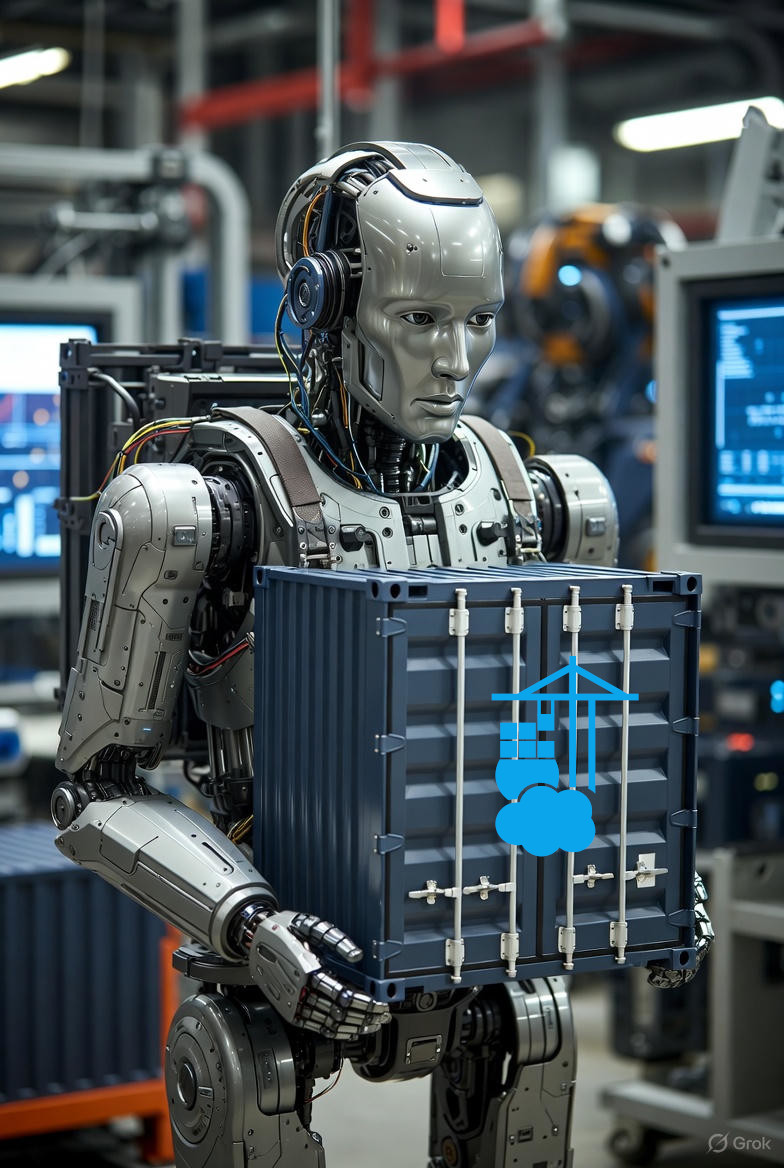 Ein Roboter, der einen Container trägt