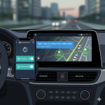 Ein Auto-Armaturenbrett mit einem Display, das eine Navigationskarte mit markierten Zonen zeigt, daneben ein Smartphone mit Home Assistant Schaltern für Einkaufen und Packstation.