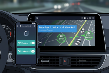 Ein Auto-Armaturenbrett mit einem Display, das eine Navigationskarte mit markierten Zonen zeigt, daneben ein Smartphone mit Home Assistant Schaltern für Einkaufen und Packstation.