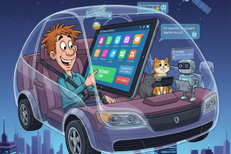 Ein fliegendes Auto mit Tablet